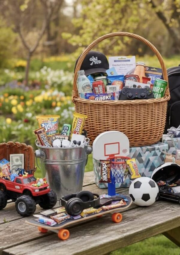 A picnic table outdoors holds a gift basket filled with snacks, a cap, and a game controller, plus wrapped gifts, a toy truck with cash and treats, a metal pail, a mini basketball hoop, a soccer ball, and a skateboard with candies.