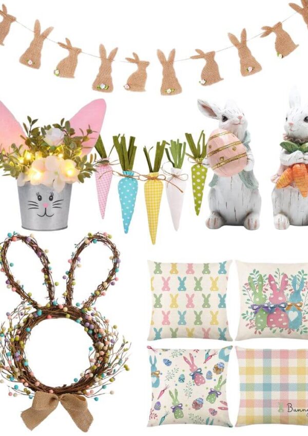 A collage of Easter decorations, including a burlap bunny banner, a flower pot with bunny ears, a carrot garland, two bunny figurines, a beaded bunny wreath, and four pastel-themed bunny pillows.