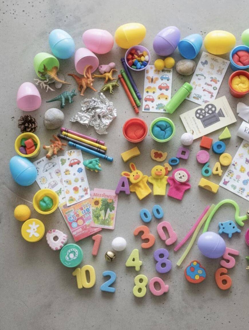 Colorful toys, numbers, plastic eggs, tiny animal figures, stickers, crayons, and small containers arranged in a circular pattern on a light surface, creating a playful and educational flat lay.