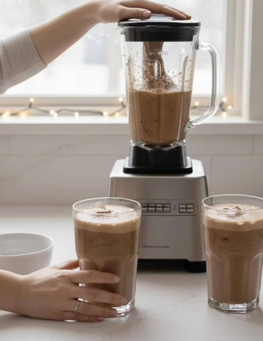 A person blends a brown smoothie in a blender, with two full glasses of the smoothie on the counter nearby. One hand holds a glass, and there are string lights in the background near a window.