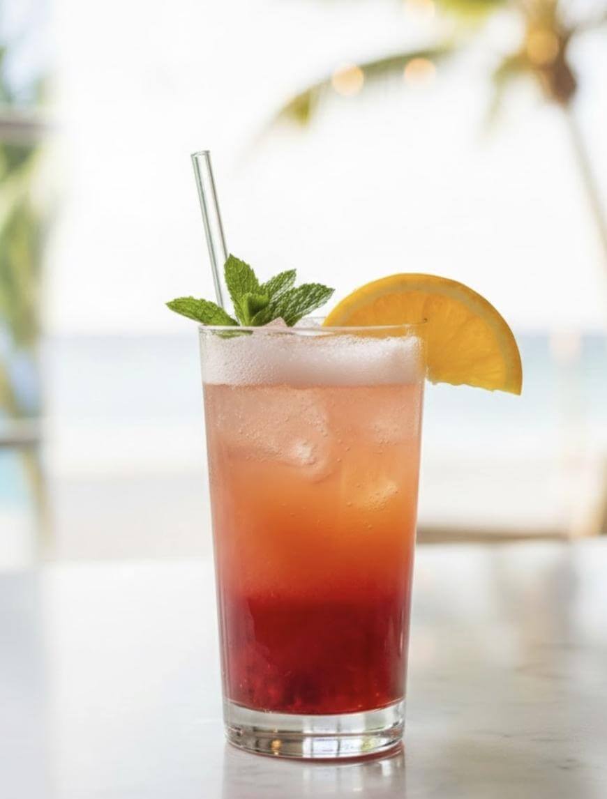 A tropical cocktail with ice, red and orange layers, garnished with mint and a lemon slice, served in a tall glass with a straw. Blurred palm trees and beach visible in the background.