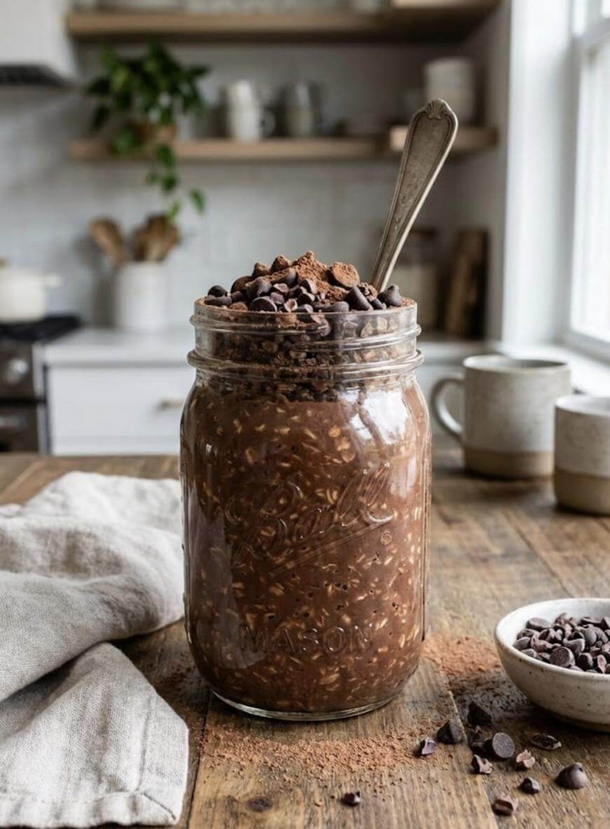 A mason jar filled with chocolate overnight oats, topped with chocolate chips and cocoa powder, sits on a rustic wooden table in a cozy kitchen. A spoon is in the jar, and a bowl of chocolate chips is nearby.