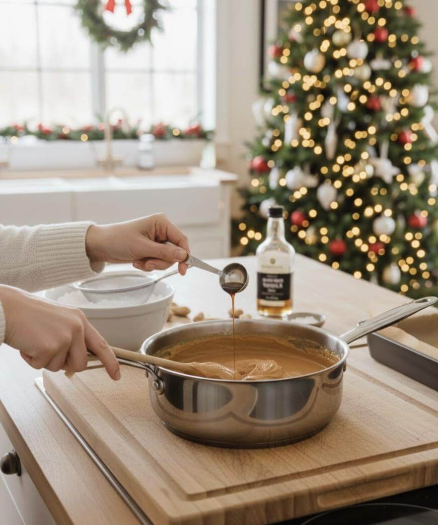 A person stirs caramel sauce in a saucepan on a kitchen counter, holding a spoon above it. In the background, a decorated Christmas tree and festive garlands are visible, creating a cozy holiday atmosphere.