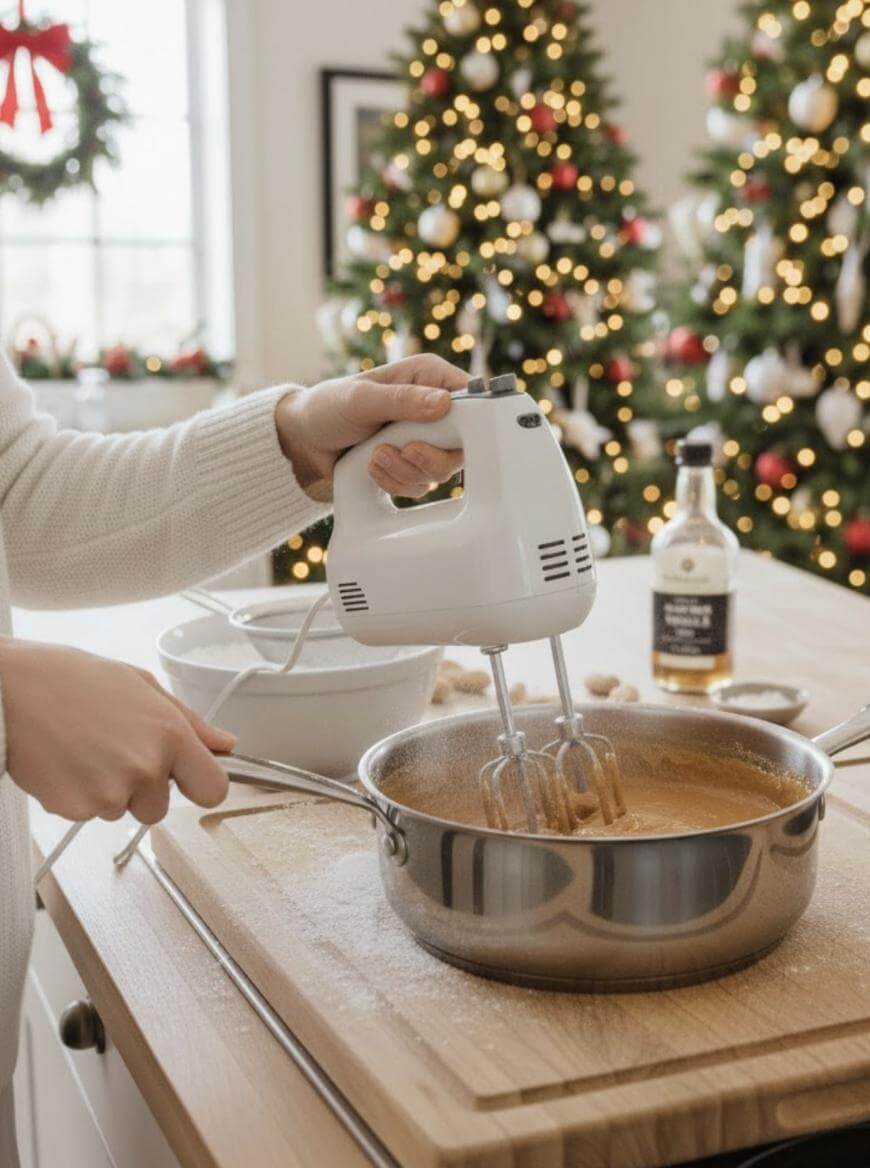 A person uses a hand mixer to blend ingredients in a metal bowl on a kitchen counter, with holiday decorations and Christmas trees visible in the background.