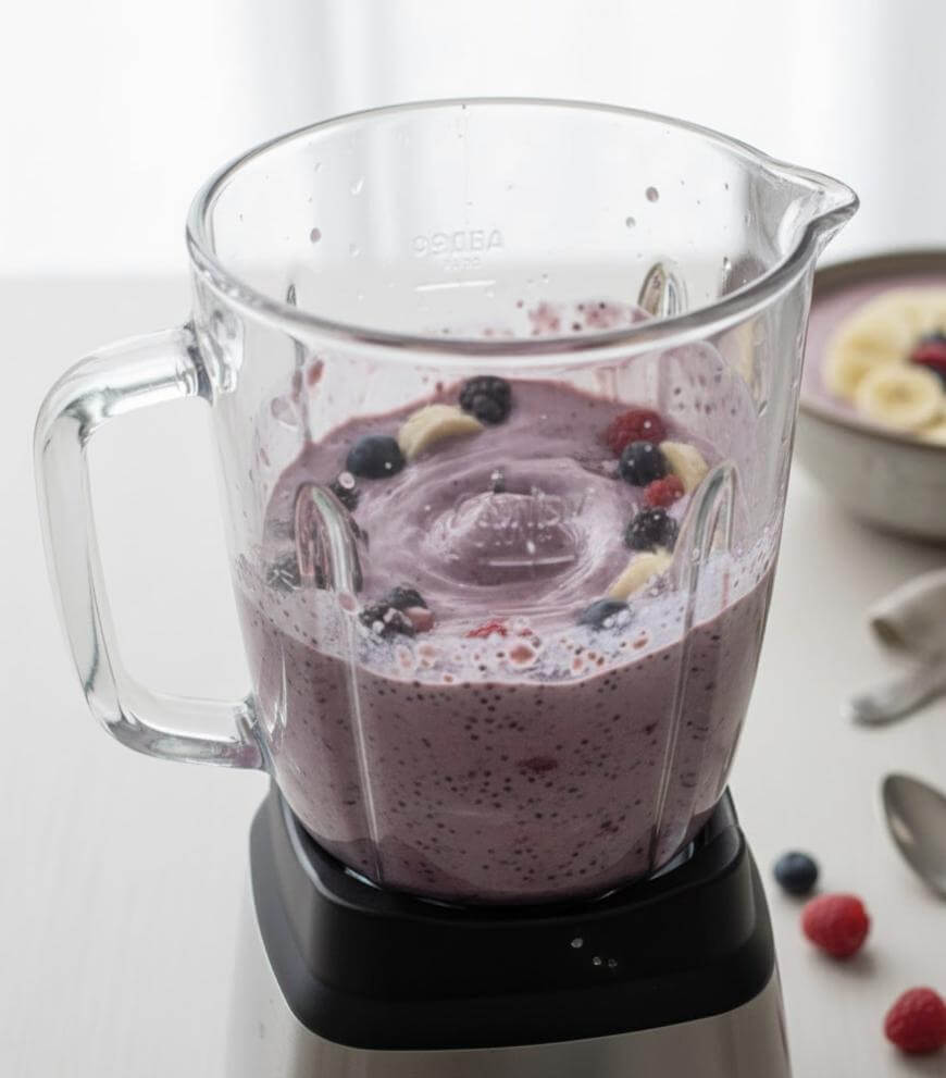 A blender filled with a purple smoothie mixture containing berries and banana slices, with a bowl of sliced bananas and berries in the background on a white surface.