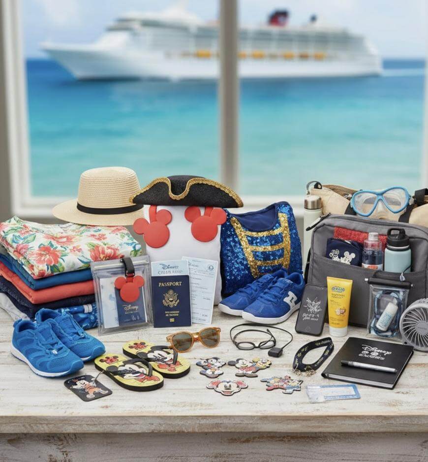 A collection of cruise essentials, including clothes, hats, Disney-themed items, sunscreen, shoes, a camera, passport, swim gear, and travel documents, neatly arranged on a table with a cruise ship and ocean in the background.