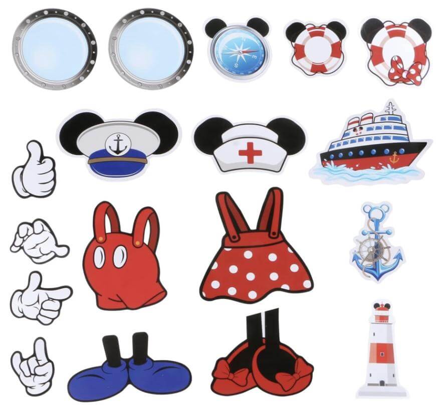 Assorted cartoon nautical-themed icons, including portholes, life rings, ship, anchors, lighthouses, sailor and nurse hats with mouse ears, gloved hands, red shorts, a polka dot dress, and blue and red shoes.