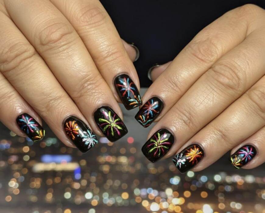 Close-up of hands with black nail polish featuring colorful fireworks designs on each nail, set against a blurred city lights background.