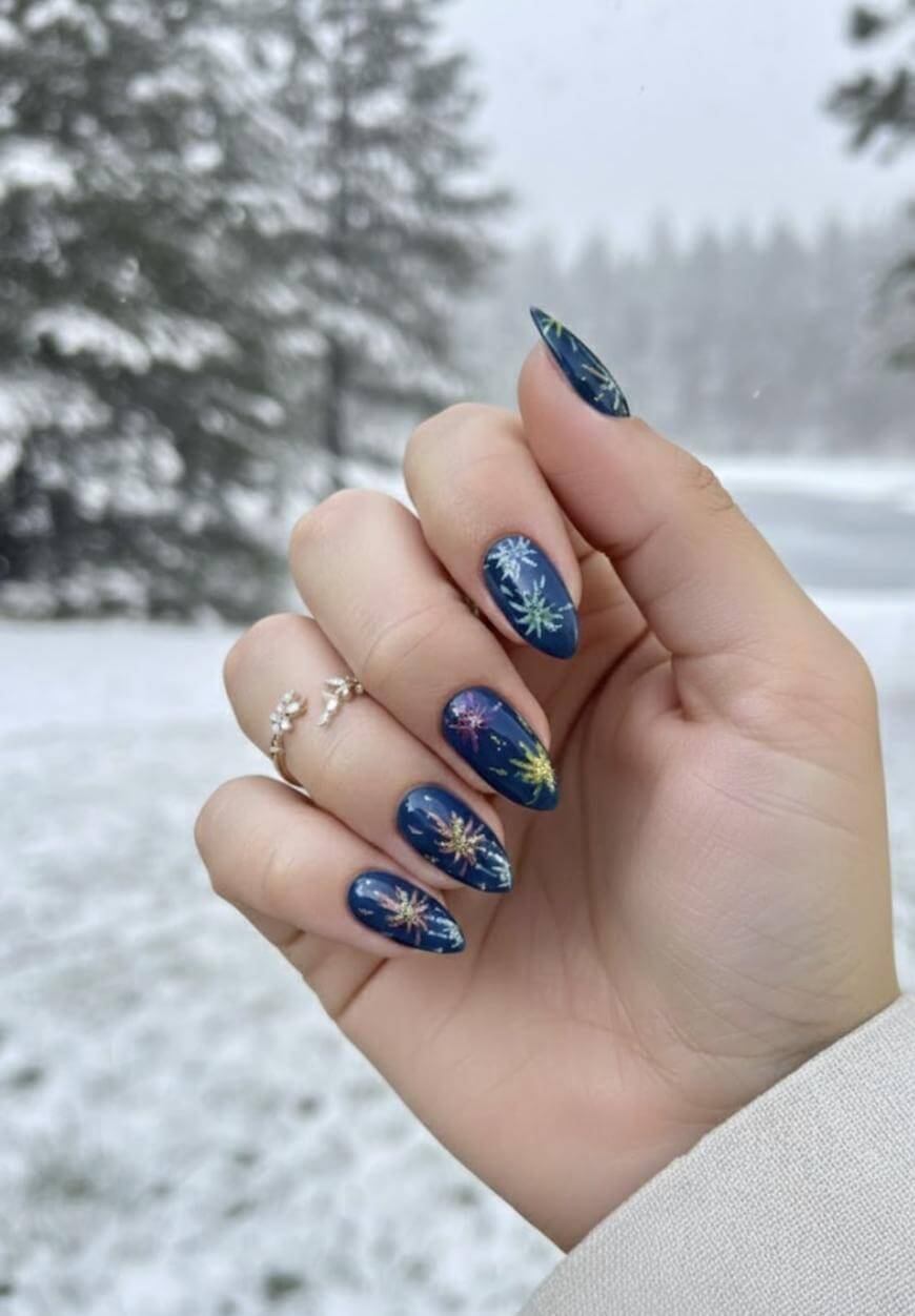 A hand with dark blue, almond-shaped nails decorated with colorful snowflake designs is shown against a snowy outdoor background with trees and a cloudy sky.