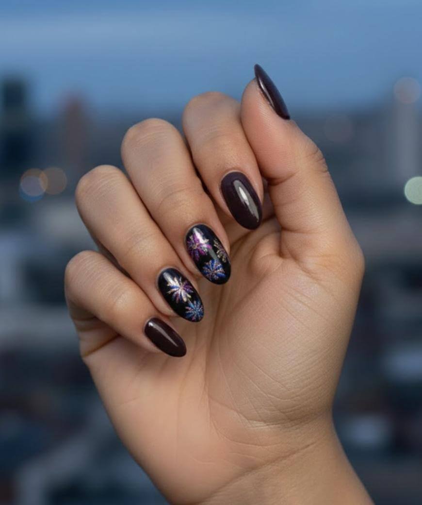 A hand with almond-shaped, dark purple nails. Two nails feature intricate, colorful firework designs. The background is blurred, showing an urban cityscape at dusk.