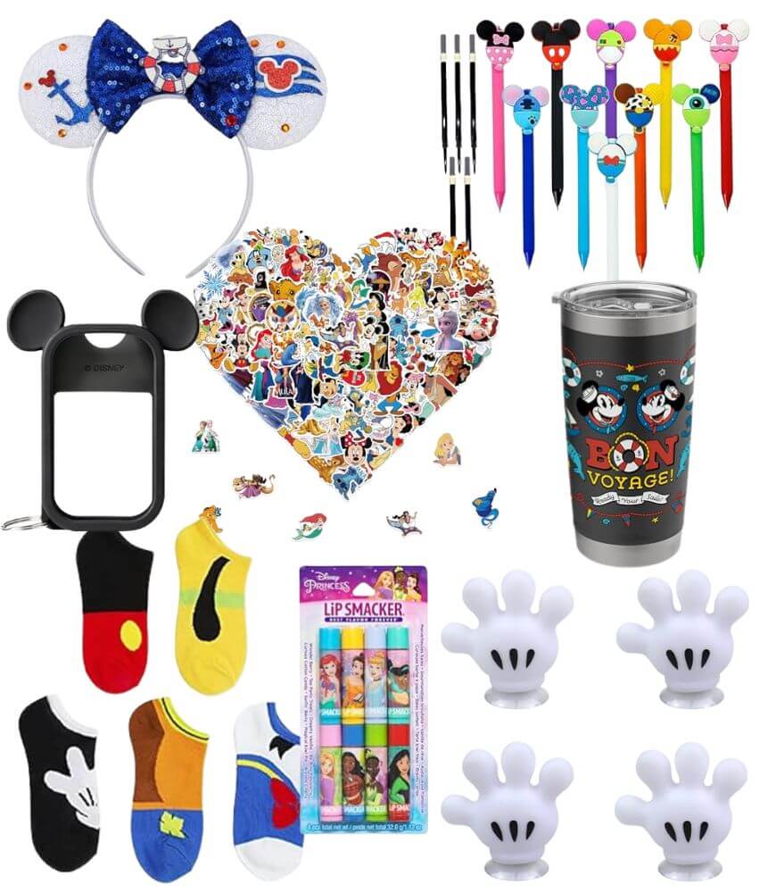 A collection of Disney-themed items including a Minnie Mouse headband, pens, heart-shaped sticker sheet, socks, hand magnets, lip balms, a tumbler, and a Mickey ear phone holder, all arranged on a white background.
