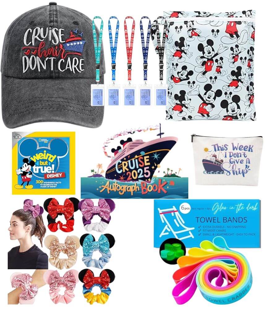 A collage of Disney cruise-themed items: a “Cruise Hair Don’t Care” hat, lanyards, a Mickey and friends tote, a Disney fact book, an autograph book, a pouch, Minnie ear scrunchies, and colorful towel bands.