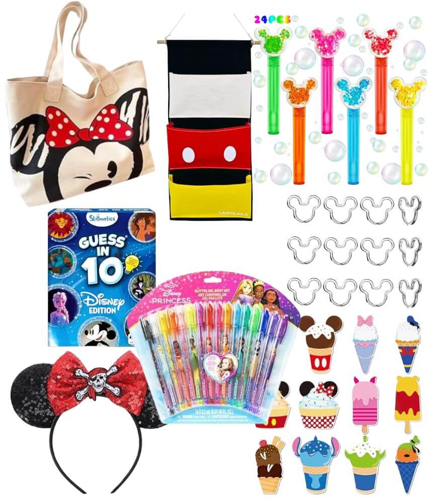 A collage of Disney-themed items, including a Minnie Mouse tote bag, Mickey-inspired wall organizer, colorful bubble wands, Guess in 10 Disney game, princess gel pens, Mickey head cookie cutters, Minnie headband, and character bookmarks.