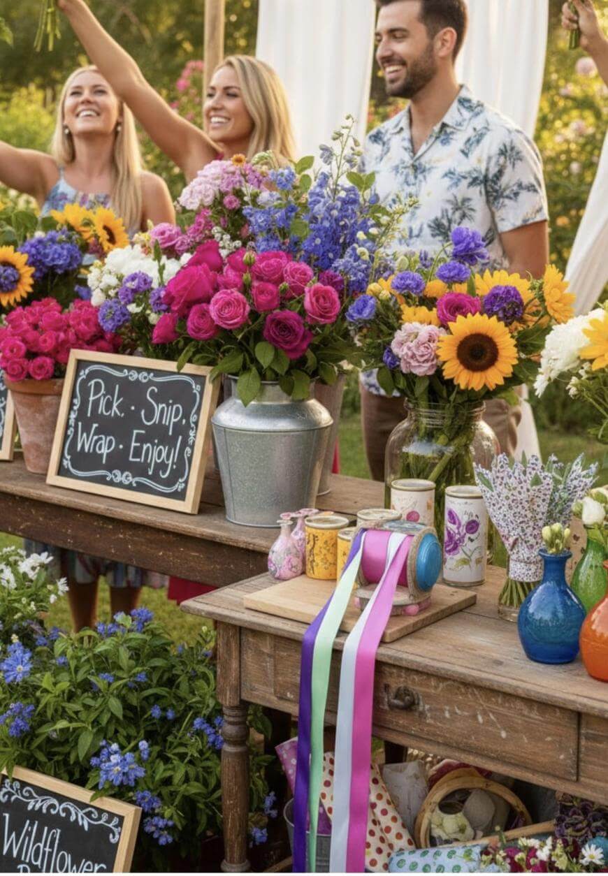 Three people smile behind a flower stand filled with colorful bouquets, sunflowers, and roses. Chalkboard signs read, “Pick. Snip. Wrap. Enjoy!” Ribbons, vases, and shears are displayed on the wooden table.