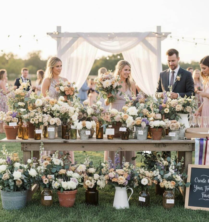 A group of people stand behind a large table filled with assorted flower arrangements in vases and pots at an outdoor event, with a white draped arch and string lights in the background.