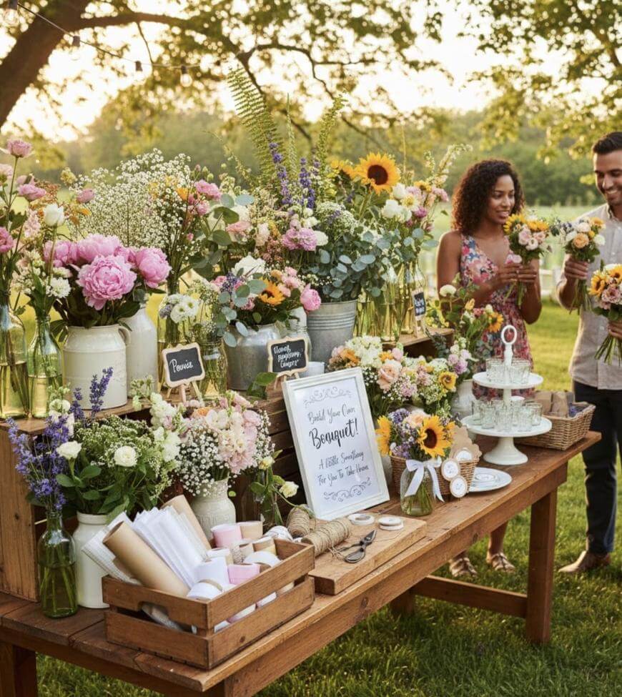 A flower arrangement station outdoors features a wooden table filled with vases of colorful flowers, supplies, and a sign inviting guests to build bouquets. Two people are smiling and arranging flowers in a sunny, green park setting.