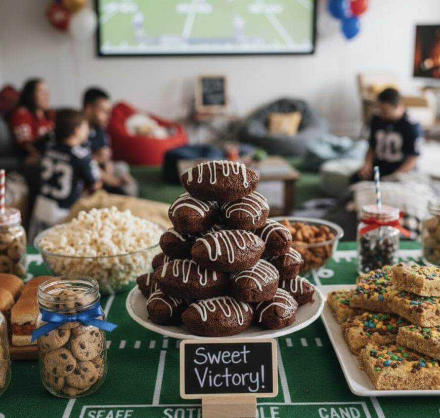 A table covered with football-themed decor holds desserts, cookies, popcorn, and snacks. In the background, people in football jerseys watch a game on TV. A chalkboard sign reads “Sweet Victory!” in front of chocolate pastries.