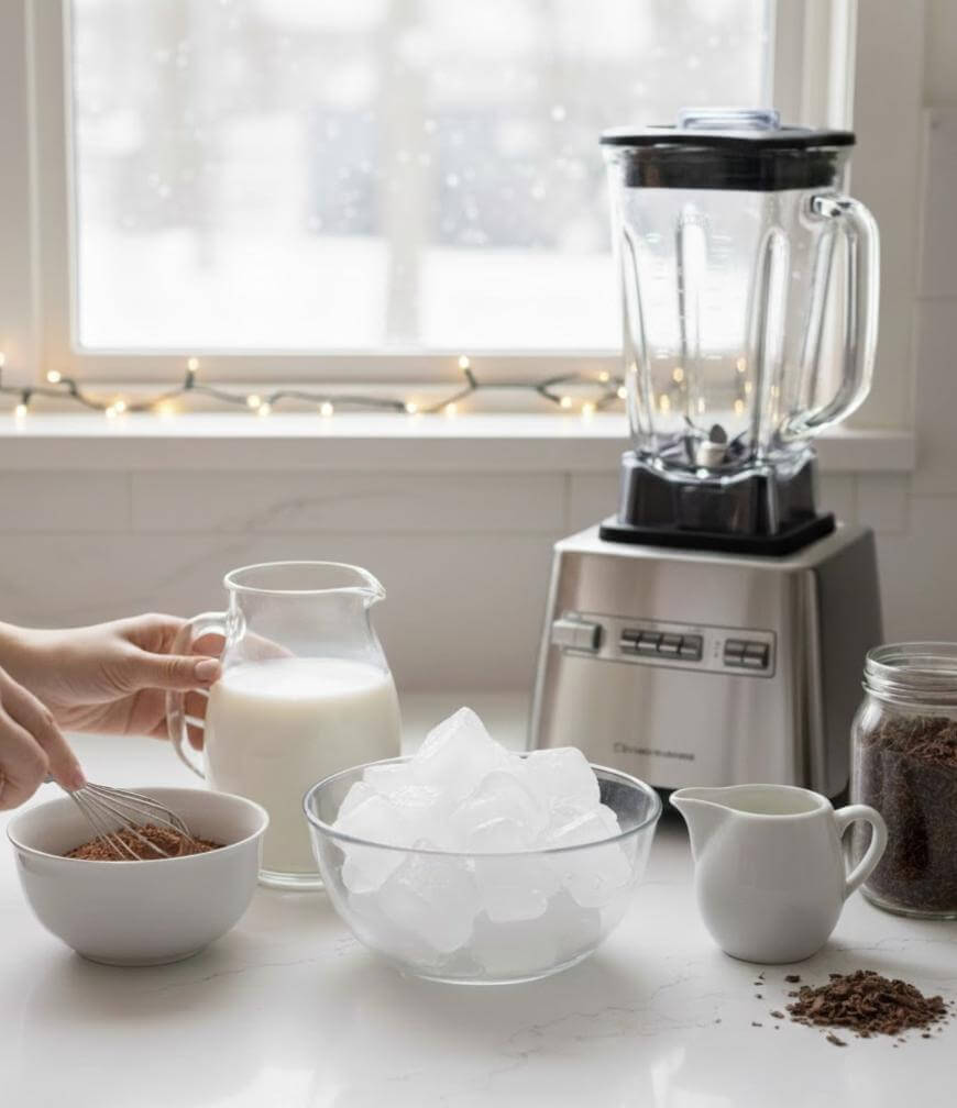 A countertop scene with a blender, a bowl of ice cubes, a jar of chocolate powder, a bowl with cocoa being whisked, a jug of milk, a small cream pitcher, and hands preparing ingredients. A window and string lights are in the background.