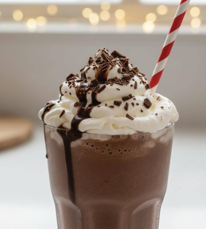A glass of chocolate milkshake topped with whipped cream, chocolate shavings, and chocolate syrup, with a red and white striped straw, against a softly lit background.