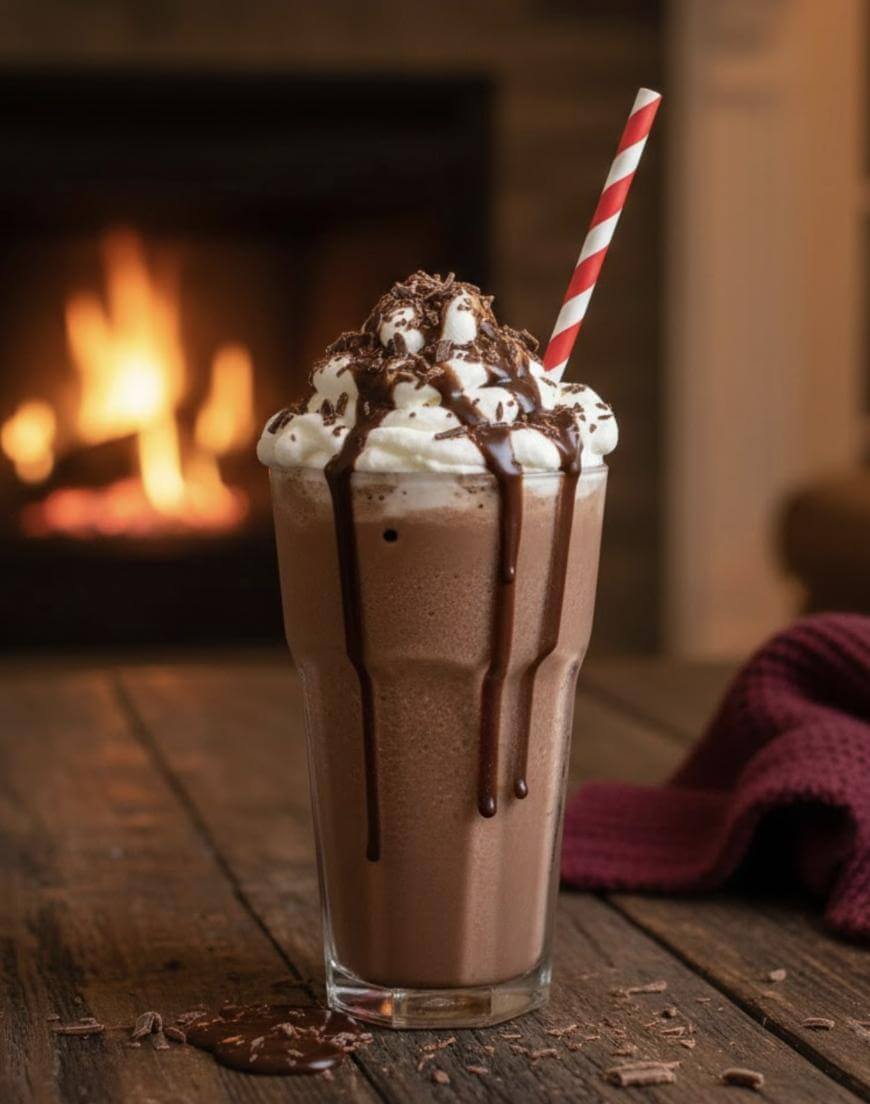 A tall glass of chocolate milkshake topped with whipped cream, chocolate drizzle, and chocolate shavings, with a striped straw. The glass sits on a wooden table near a cozy fireplace.