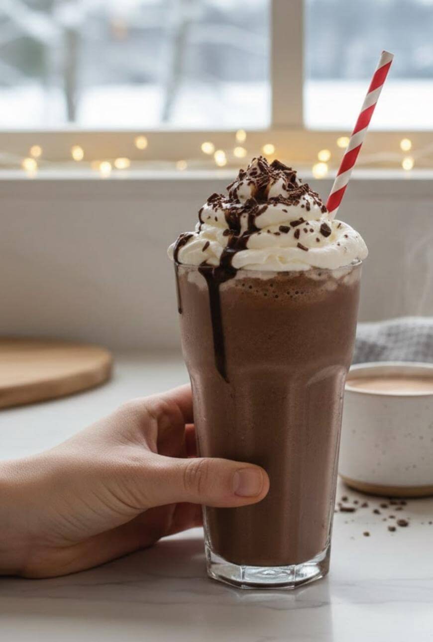 A hand holds a tall glass of chocolate milkshake topped with whipped cream, chocolate syrup, and chocolate sprinkles, with a red and white striped straw. A cup and string lights are in the background.