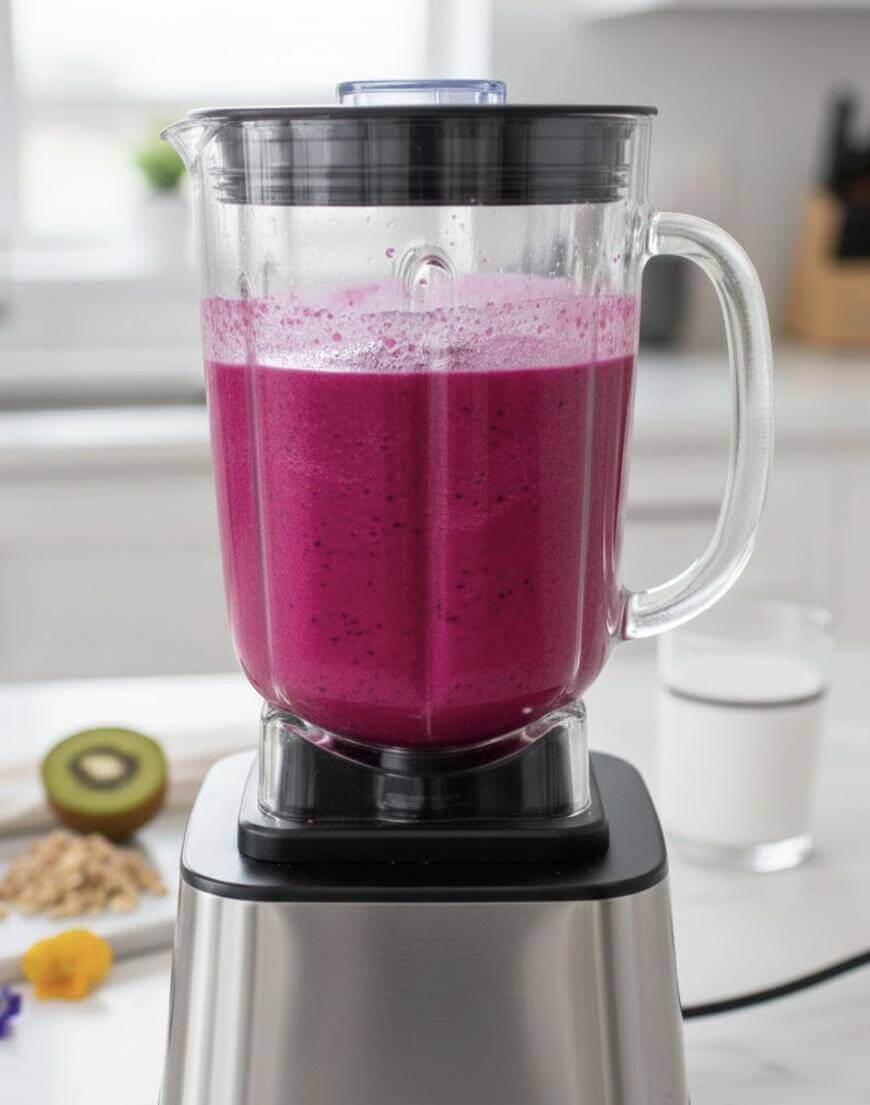 A blender filled with a vibrant magenta smoothie sits on a kitchen counter. In the background, there is a glass of milk, half a kiwi, and a small pile of granola on a white plate.
