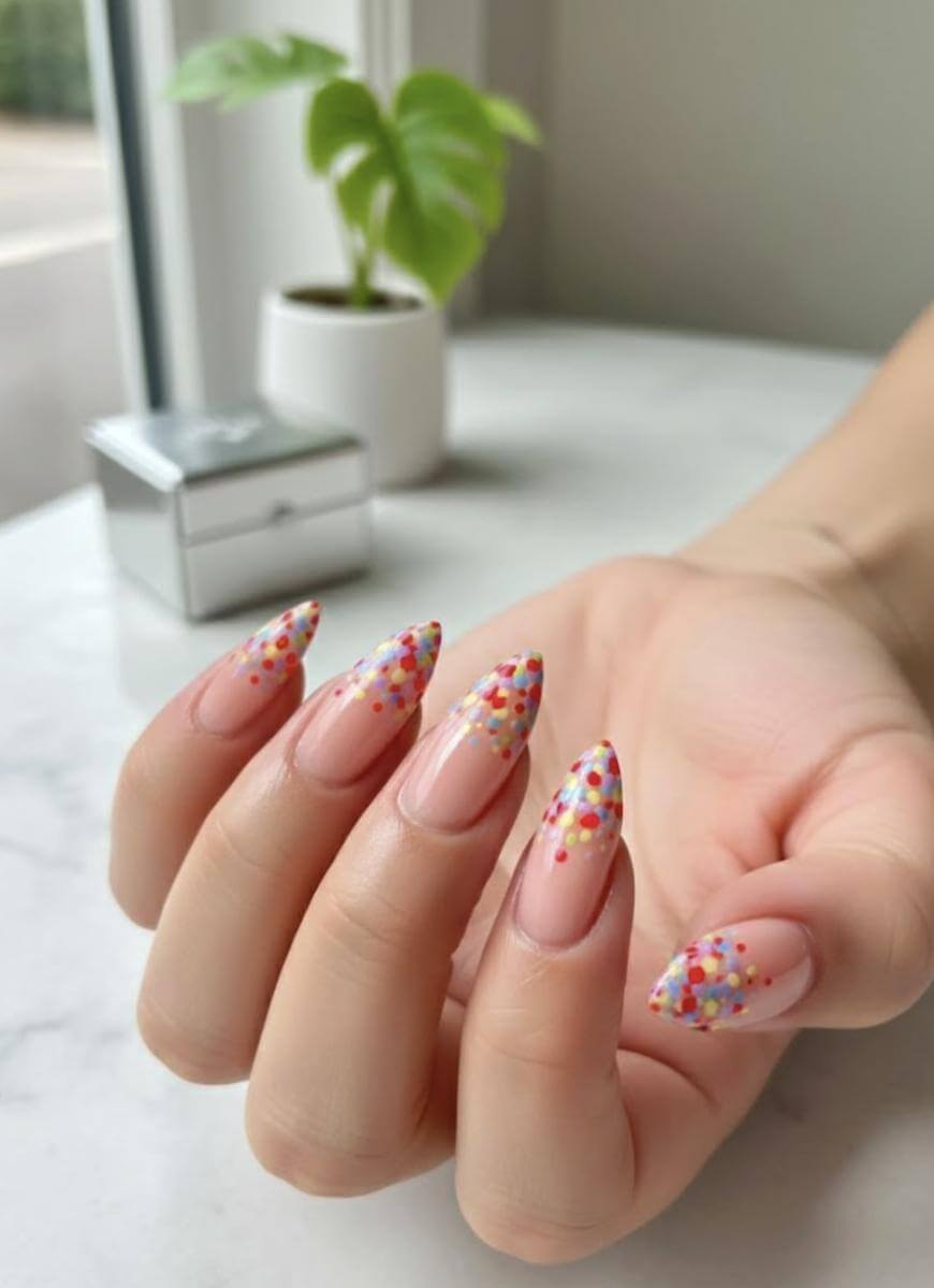A hand with long, almond-shaped nails featuring a nude base and colorful confetti dot tips, resting on a white marble surface near a small potted plant and a silver box.