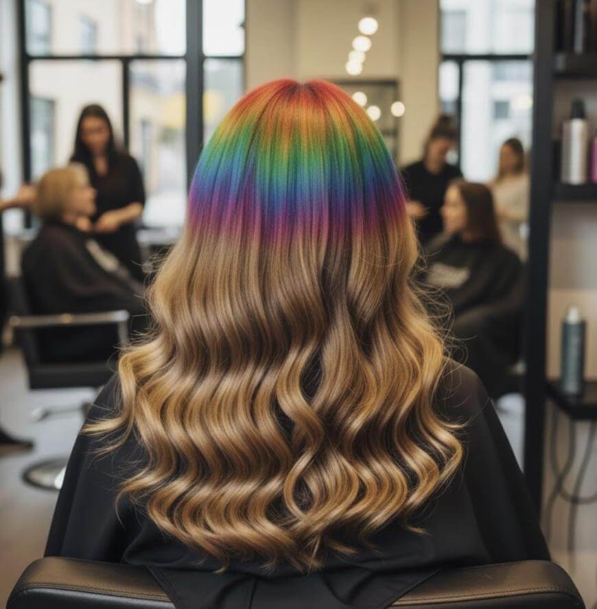 A person with long, wavy light brown hair featuring a vibrant rainbow-colored top sits in a salon chair. Several people and salon equipment are visible in the background.