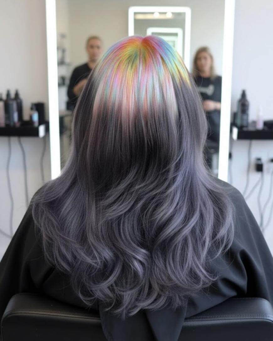 A person with long, wavy gray hair featuring a colorful, iridescent rainbow effect on the top sits in a salon chair, facing a mirror with shelves of hair products and blurred figures in the background.