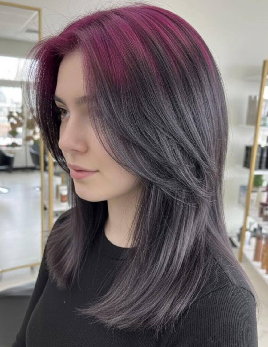A woman with straight, shoulder-length hair featuring a blend of dark grey and vibrant magenta highlights, wearing a black top and standing in a modern salon.