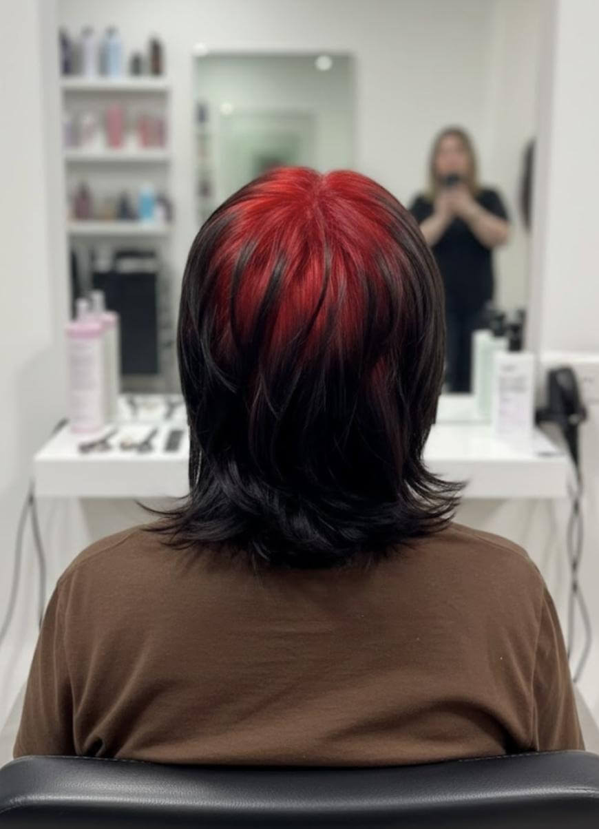 A person with layered dark hair featuring vibrant red highlights on top sits in a salon chair, facing a mirror. Hair products and tools are visible on the white counter, and a stylist is reflected in the mirror.