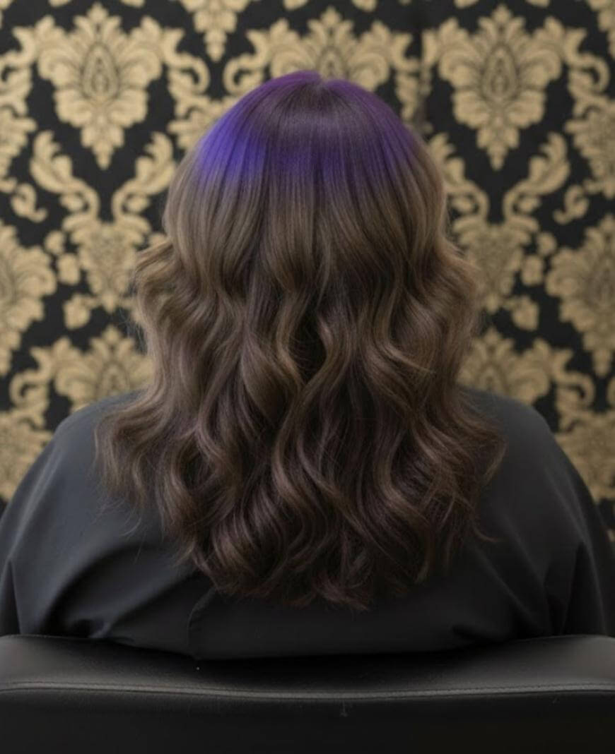 A person with wavy, shoulder-length brown hair featuring a subtle purple tint on top, seated in a chair, facing an ornate black and gold patterned wallpaper.