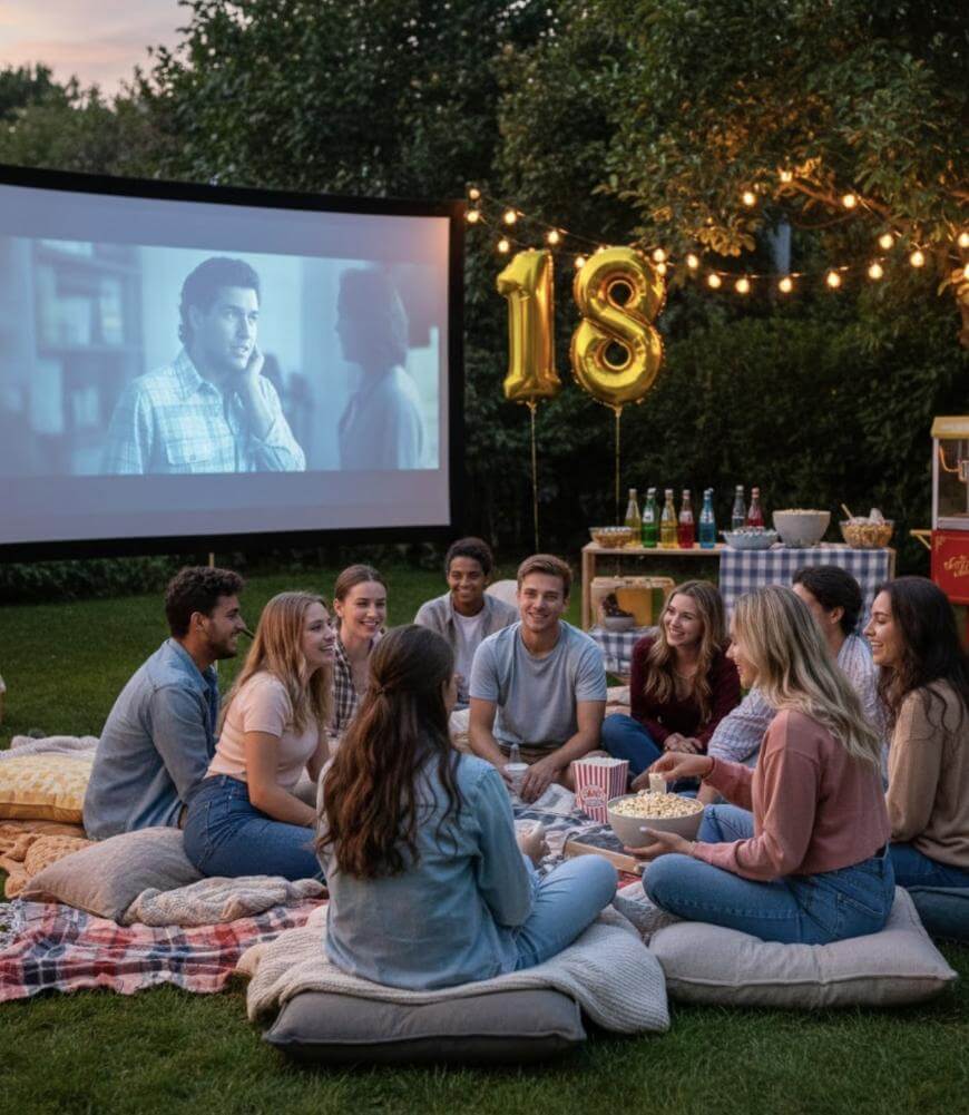 A group of young adults sit on blankets and cushions in a garden, watching an outdoor movie at night. Large gold “18” balloons and string lights decorate the area, with food and drinks on a table nearby.