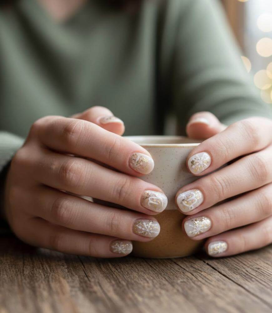 A person with neatly manicured nails featuring intricate white snowflake designs holds a beige ceramic cup with both hands on a wooden table.