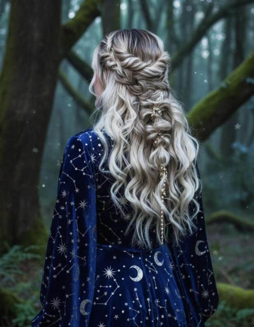 A person with long, wavy, blonde hair styled in intricate braids adorned with gold accessories stands in a forest, wearing a deep blue dress with celestial patterns of stars and moons.
