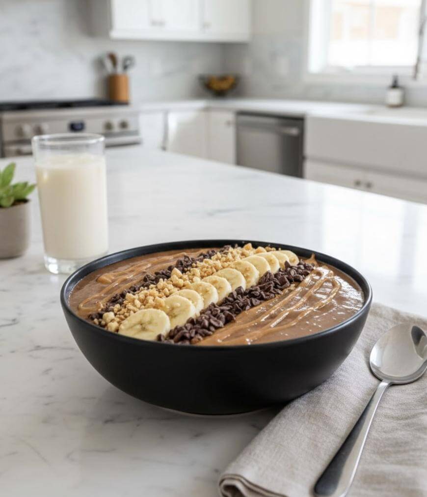 A black bowl of smoothie topped with sliced bananas, chocolate chips, chopped nuts, and peanut butter sits on a marble counter with a glass of milk, a spoon, and a napkin nearby in a bright kitchen.