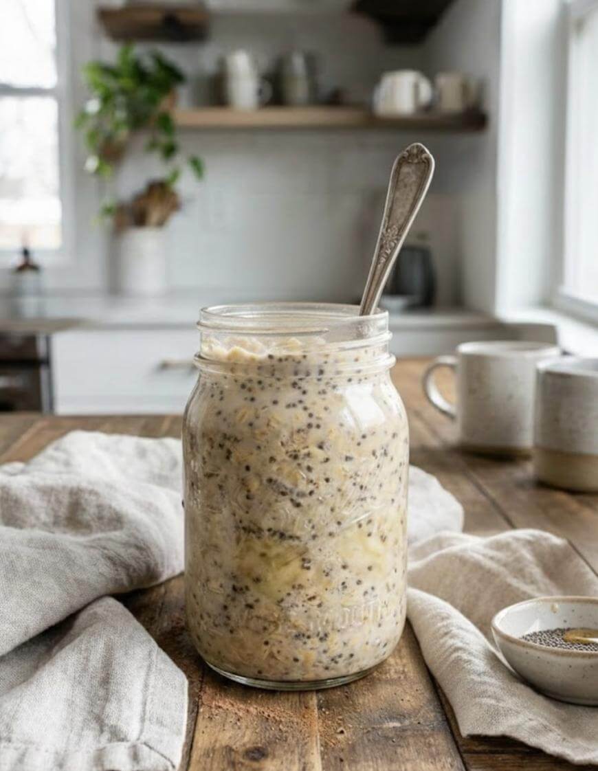 A mason jar filled with overnight oats mixed with chia seeds, sitting on a wooden table in a bright kitchen. A spoon is in the jar, and cups and a small dish of seeds are nearby.