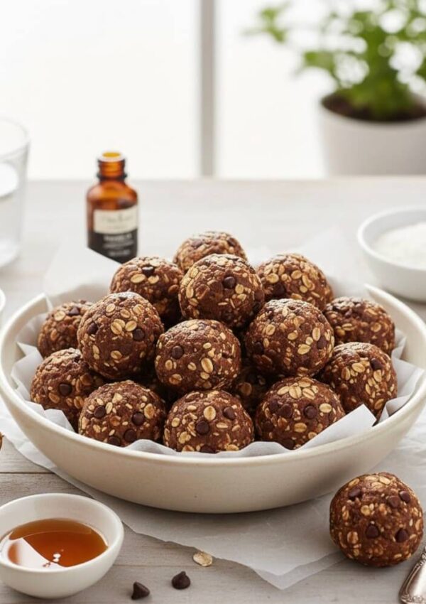 A white bowl filled with round, oat-based chocolate energy bites sits on a table, surrounded by small bowls of honey, nut butter, and other ingredients, with a green plant in the blurred background.