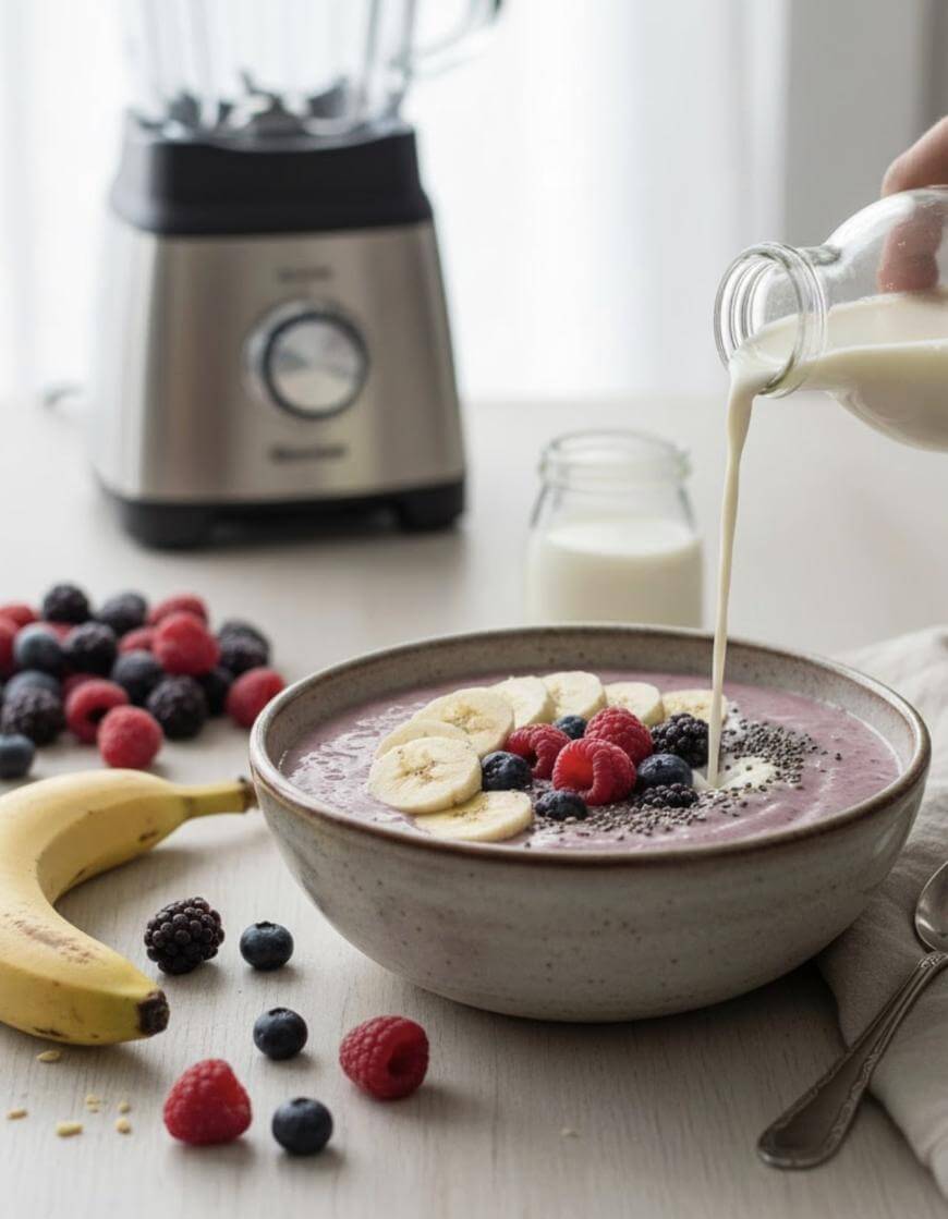 A hand pours milk into a smoothie bowl topped with banana slices, raspberries, blueberries, and chia seeds. A blender, a banana, scattered berries, and a milk jar are on the light-colored table.