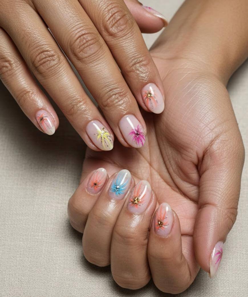 A close-up of hands with manicured nails, each featuring a colorful flower design on a nude base, resting gently on a light fabric surface.