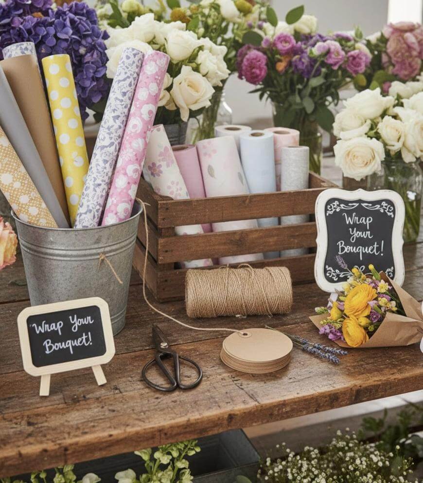 A flower wrapping station with assorted wrapping papers, twine, scissors, tags, and small chalkboard signs that read Wrap Your Bouquet! Bouquets of colorful flowers are arranged on a rustic wooden table.