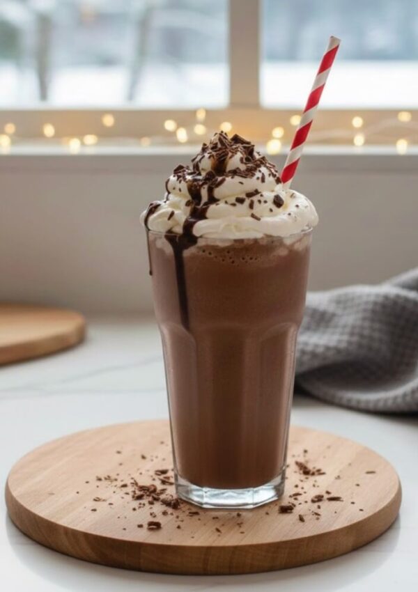 A glass of chocolate milkshake topped with whipped cream, chocolate drizzle, and chocolate shavings, with a red and white striped straw, on a wooden board in front of a window with string lights.