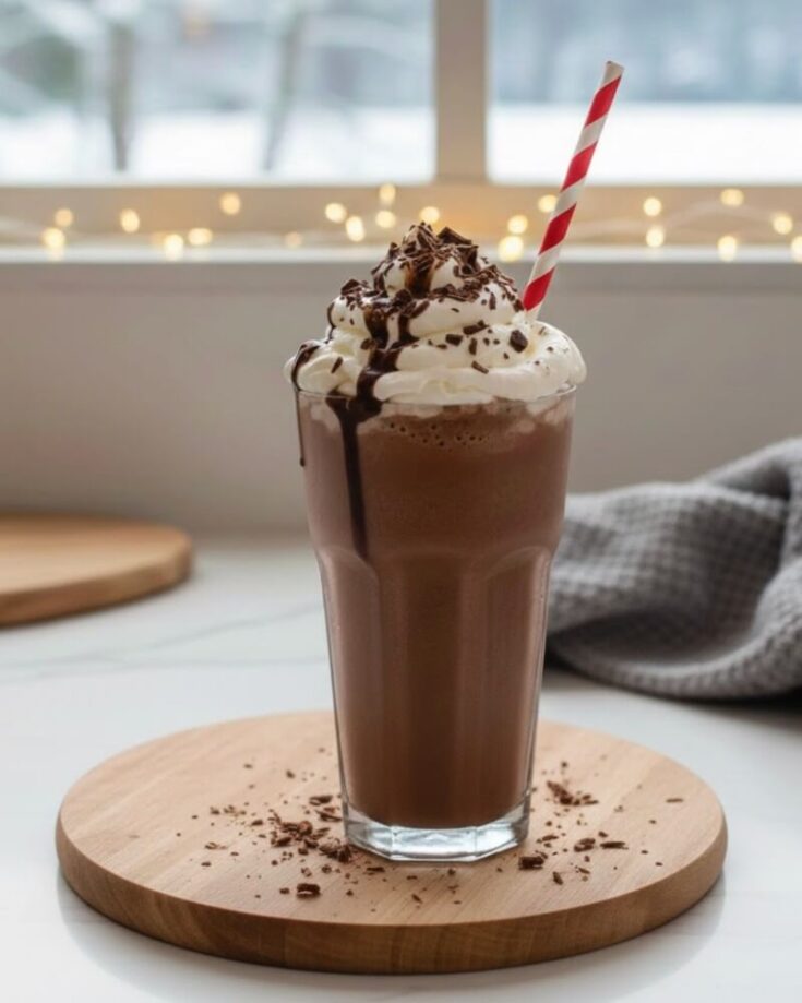 A glass of chocolate milkshake topped with whipped cream, chocolate drizzle, and chocolate shavings, with a red and white striped straw, on a wooden board in front of a window with string lights.