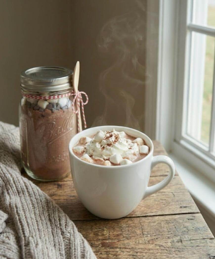 A white mug of hot chocolate topped with whipped cream and marshmallows sits on a wooden table beside a jar of cocoa mix, near a window with soft daylight coming in. A cozy knitted blanket is draped on the table.