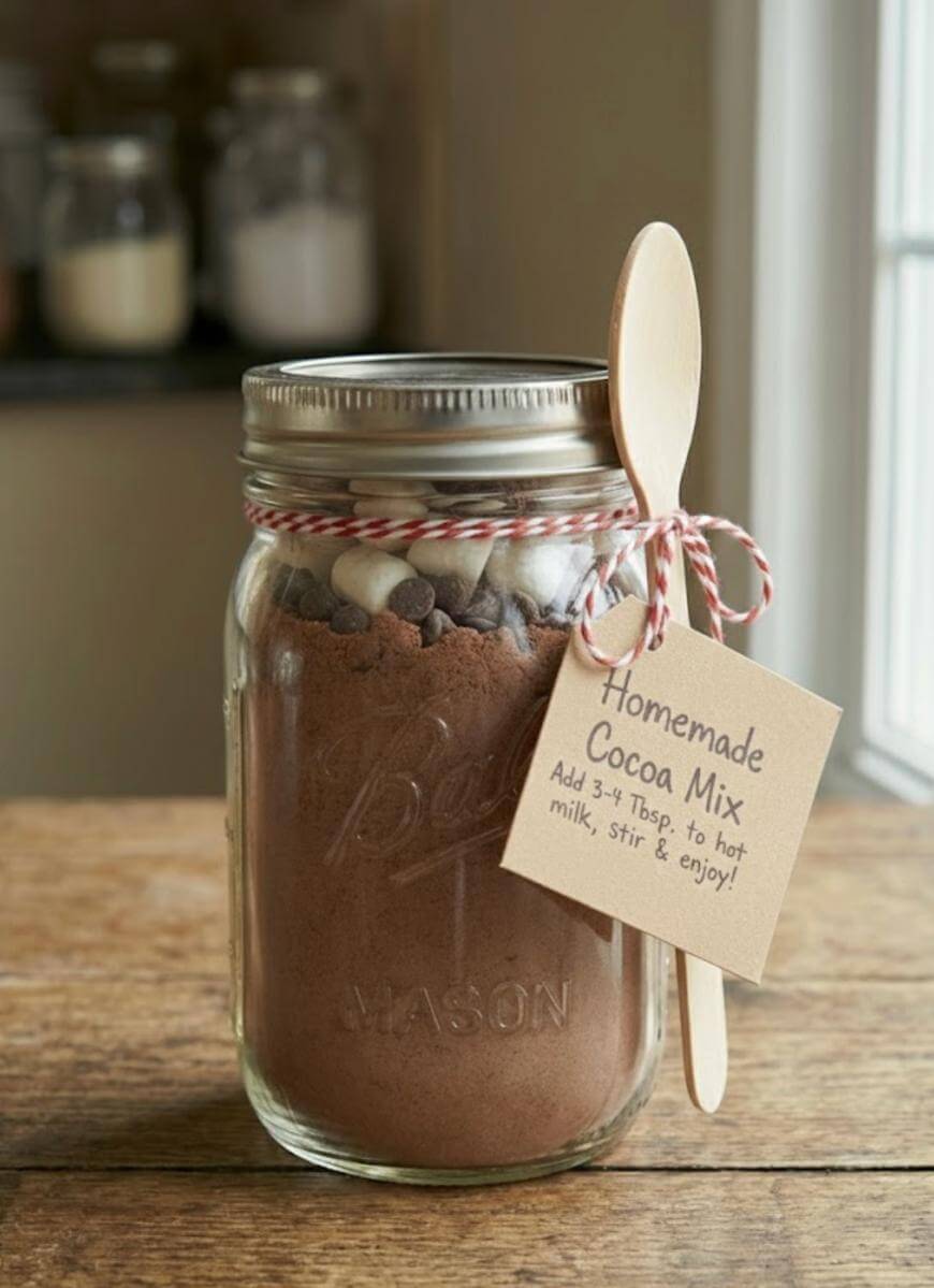 A mason jar filled with homemade cocoa mix and chocolate chips, topped with a metal lid. A wooden spoon and a tag saying “Homemade Cocoa Mix—Add 3-4 Tbsp. to hot milk, stir & enjoy!” are tied around the jar with red and white string.