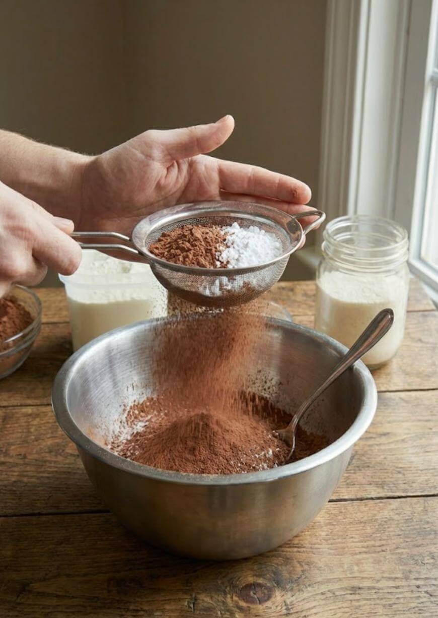 A person sifts cocoa powder and flour through a metal sieve into a large mixing bowl on a wooden table, with jars of ingredients and a spoon nearby.