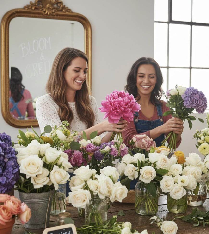 Two women smiling as they arrange colorful flowers, including pink peonies, white roses, and purple blooms, on a wooden table in a bright room with a mirror and window in the background.
