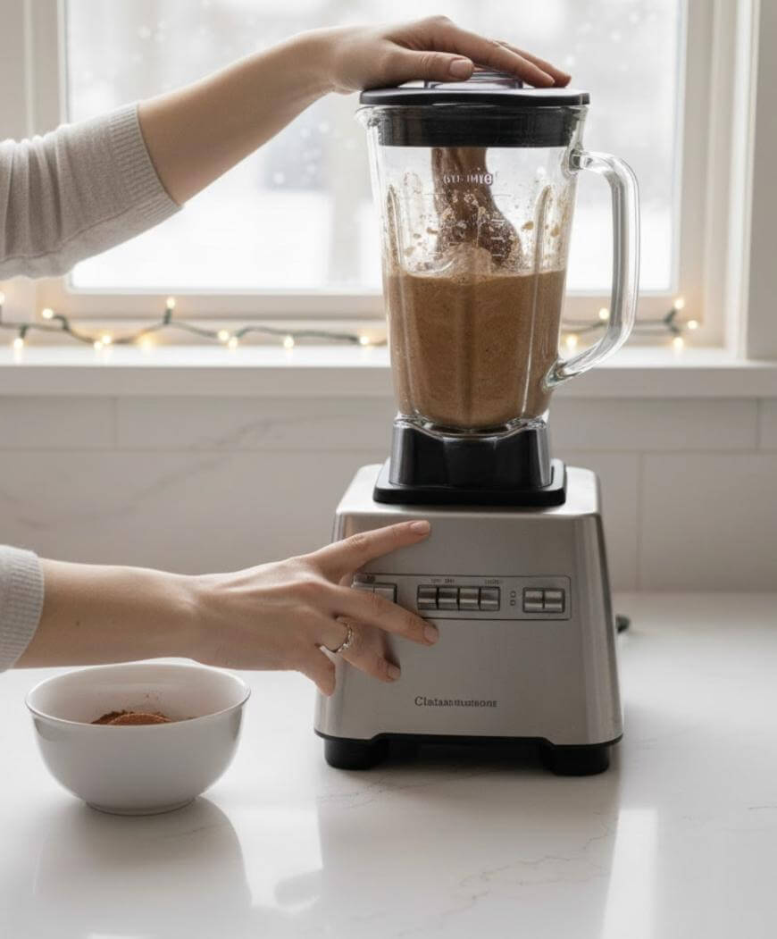 A person uses a countertop blender filled with a brown mixture, pressing a button while holding the lid. A bowl with brown contents sits nearby on a white kitchen counter in front of a window.