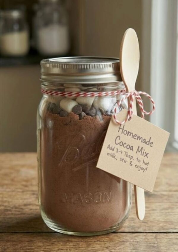A mason jar filled with homemade cocoa mix, mini marshmallows, and chocolate chips, with a wooden spoon and a tag that reads, Homemade Cocoa Mix. Add 3-4 Tbsp. to hot milk, stir & enjoy!.