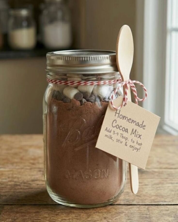 A mason jar filled with homemade cocoa mix, mini marshmallows, and chocolate chips, with a wooden spoon and a tag that reads, Homemade Cocoa Mix. Add 3-4 Tbsp. to hot milk, stir & enjoy!.